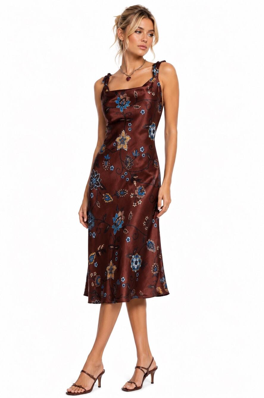 Vintage Y2K Faith Love Passion Brown Floral Cowl Neck Sleeveless Midi Dress